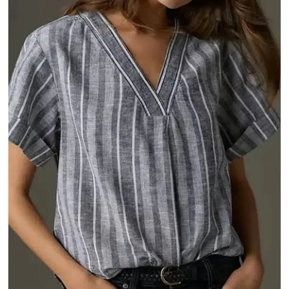 Pilcro Anthropologie Linen Blend Henley Surf Top Short Sleeves Size Small - Picture 1 of 10
